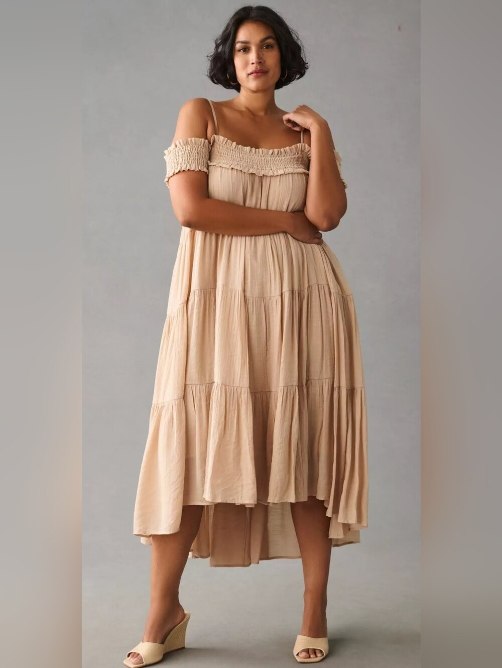 PLUS- Anthropologie Sarah Hann Smocked Off-The-Shoulder Tiered Dress XL Petite